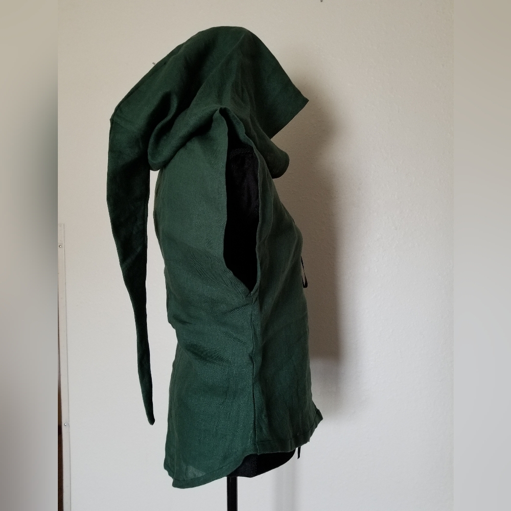 Forest green vest, long pointed hood, medieval elvish fairycore renfair festival